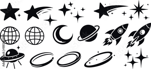 Hand drawn cosmic collection with space symbols and objects. Playful vector elements inspired by outer space and imagination.