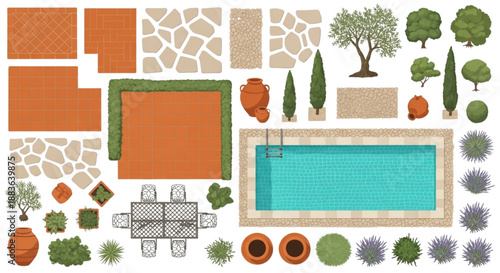 Flat Vector Top View Mediterranean Garden Set Featuring Pool, Terracotta Paving, and Olive Trees