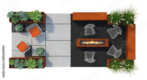 Flat Vector Top View Industrial Loft Terrace Set Featuring Corten Steel, Concrete, and Fire Trough