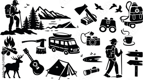 Outdoor adventure and camping doodle vector set featuring hiking equipment and nature symbols. Hand drawn icons designed for travel posters, stickers, logos and lifestyle graphics.