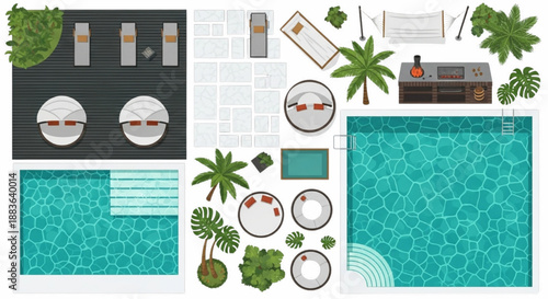 Flat Vector Top View Tropical Resort Landscape Set Featuring Pool, Teak Decking, and Palm Trees