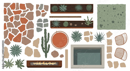 Modern Desert Landscape Top View Set Featuring Corten Steel, Cactus, and Plunge Pool