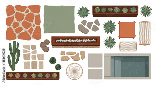 Modern Desert Landscape Top View Set Featuring Corten Steel, Cactus, and Plunge Pool