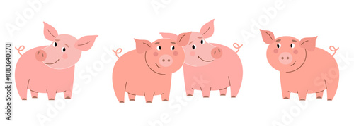 Seamless, repeating, endless pattern in form of horizontal banner featuring cute little pigs. Vector children's illustration for decorative borders, packaging, albums, postcards. Symbol of good luck.