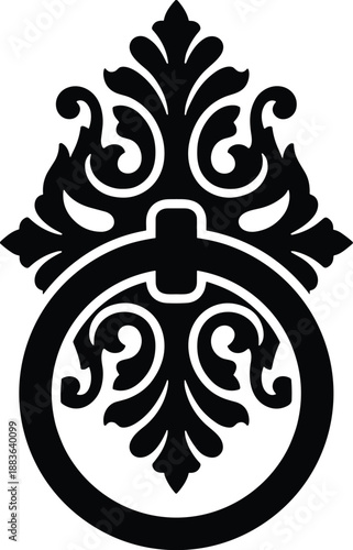 Minimal vector silhouette, antique door knocker (classic ring knocker on a decorative backplate), solid black, isolated on white.