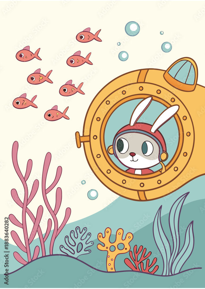 Fototapeta premium Cute Rabbit Submarine Underwater Adventure With Fish Cartoon Illustration For Childrens Books