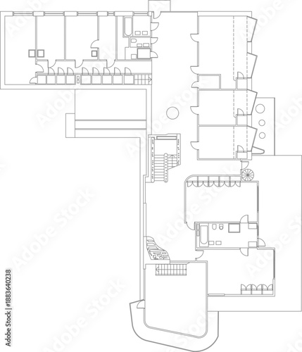 A comprehensive architectural floor plan of a large-scale building, featuring complex spatial zoning, multiple restroom facilities, specialized service areas, office layouts, and a central circulation