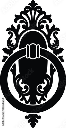 Minimal vector silhouette, antique door knocker (classic ring knocker on a decorative backplate), solid black, isolated on white.