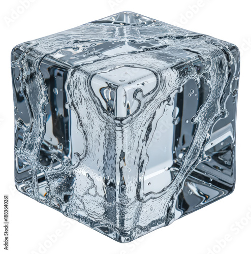 Frozen water cube with dynamic splash, isolated and transparent