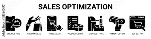 Sales Optimization web banner icon vector illustration concept with icon of online store, shopping bag, mobile cart, product listing, checkout page, payment option, buy button.