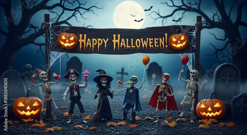 Happy halloween spooky night with friends and jack o lanterns