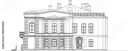 A detailed vector line art illustration of a grand neoclassical building elevation, featuring traditional architectural elements such as ornate cornices, arched windows, decorative pilasters, and a sy