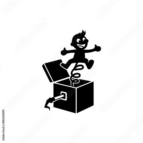Black and white illustration of a cartoon character jumping out of a jack-in-the-box.