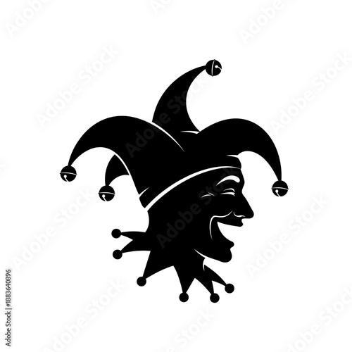Black silhouette of a jester's head with a hat.