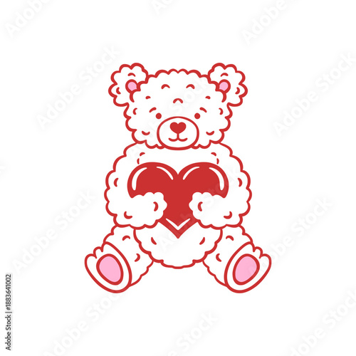 Teddy bear holding a red heart. Hand-drawn cute cartoon vector illustration with pink and red details. Valentine's Day and love gift concept. Design for greeting card, invitation, poster, banner.