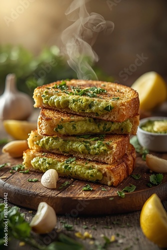 A stack of toasted bread with guacamole on a wooden board, surrounded by lemons and garlic