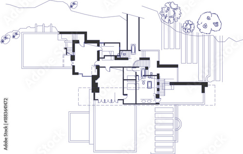 A highly detailed architectural floor plan of a modern residential villa, showcasing complex interior spatial arrangements, multi-level structural walls, staircases, and integration with the surroundi