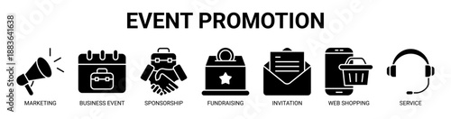 Event Promotion web banner icon vector illustration concept with icon of marketing, business event, sponsorship, fundraising, invitation, web shopping, and service.