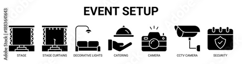Event Setup web banner icon vector illustration concept with icon of stage, stage curtains, decorative lights, catering, camera, cctv camera, and security.