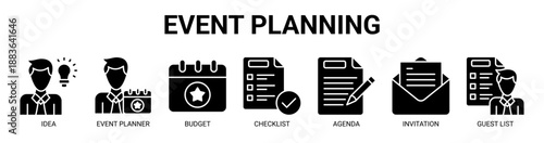 Event Planning web banner icon vector illustration concept with icon of idea, event planner, budget, checklist, agenda, invitation, and guest list.