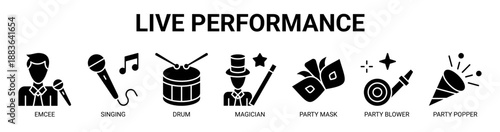 Live Performance web banner icon vector illustration concept with icon of emcee, singing, drum, magician, party mask, party blower, and party popper.