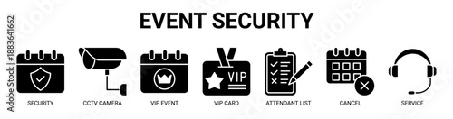 Event Security web banner icon vector illustration concept with icon of security, cctv camera, vip event, vip card, attendant list, cancel, and service.
