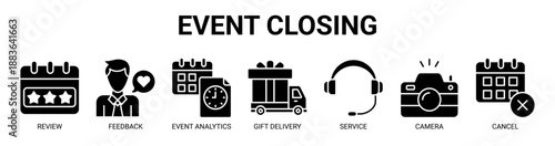 Event Closing web banner icon vector illustration concept with icon of review, feedback, event analytics, gift delivery, service, camera, and cancel.