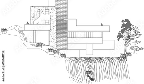 A sophisticated vector line art illustration of a modern multi-story residential villa built on a sloped terrain, featuring a dramatic cantilevered structure, an integrated waterfall, and lush landsca