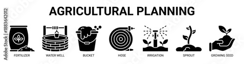 Agricultural Planning web banner icon vector illustration concept with icon of fertilizer, water well, bucket, hose, irrigation, sprout, and growing seed.