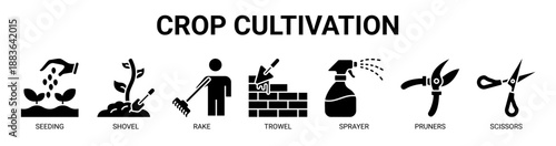 Crop Cultivation web banner icon vector illustration concept with icon of seeding, shovel, rake, trowel, sprayer, pruners, and scissors.