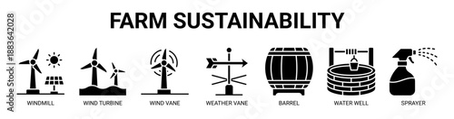 Farm Sustainability web banner icon vector illustration concept with icon of windmill, wind turbine, wind vane, weather vane, barrel, water well, and sprayer.