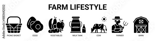 Farm Lifestyle web banner icon vector illustration concept with icon of picnic basket, eggs, vegetables, milk tank, cow, farmer, and barn.