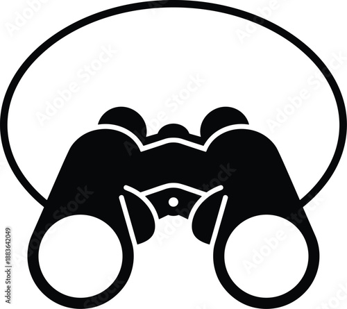 Minimal vector silhouette, classic binoculars with neck strap loop, solid black, isolated on white.