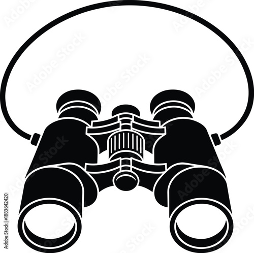 Minimal vector silhouette, classic binoculars with neck strap loop, solid black, isolated on white.