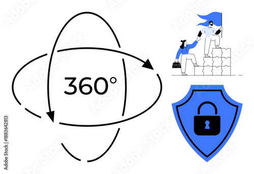 Business teamwork, cybersecurity, data protection, innovation, 360-degree solutions, leadership growth. Rotational arrows, handshake teamwork and a shield with a lock. Highlighting teamwork