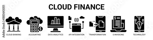 Cloud Finance web banner icon vector illustration concept with icon of cloud banking, cloud accounting, data analytics, api integration, digital transformation, e-invoicing, and financial technology.