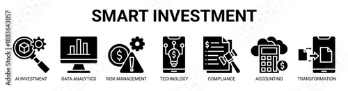 Smart Investment web banner icon vector illustration concept with icon of ai investment, data analytics, risk management, technology, compliance, cloud accounting, and digital transformation.