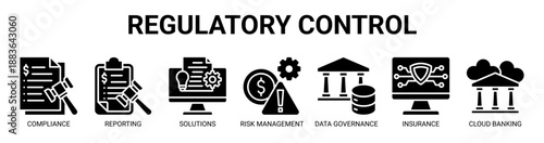 Regulatory Control web banner icon vector illustration concept with icon of regulatory compliance, regulatory reporting, solutions, risk management, data governance, insurance, and cloud banking.