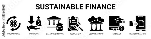 Sustainable Finance web banner icon vector illustration concept with icon of sustainable finance, financial inclusion, data governance, regulatory reporting, cloud banking, literacy, and more.