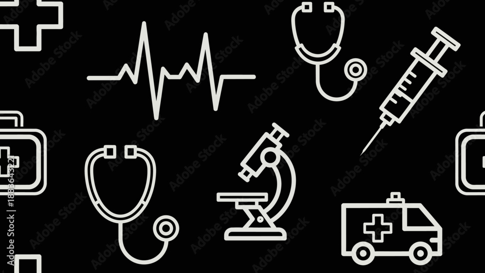 Fototapeta premium Medical Icons Collection on Black Background.