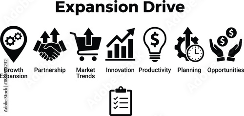 Business expansion icon set for corporate growth planning and market development strategy presentation