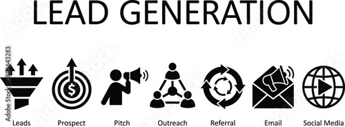 Lead generation icon set for sales funnel development and customer acquisition marketing workflow presentation