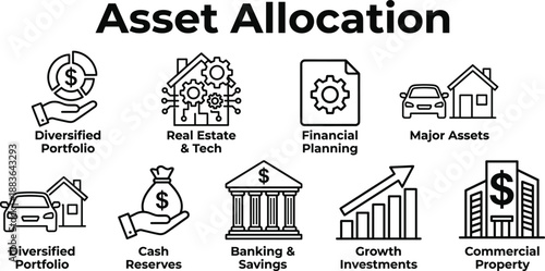 Asset allocation icon set for financial portfolio planning and investment management presentation