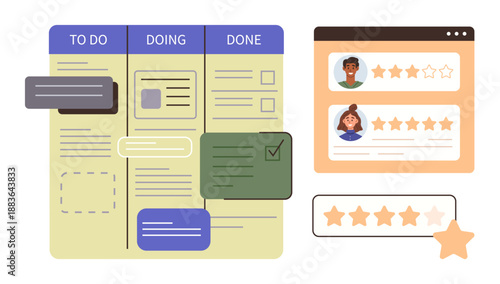 Team collaboration, project planning, productivity, workflow management, user feedback, performance evaluation. Visual of a Kanban board and star rating system. Collaboration and project planning