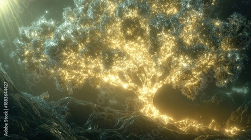 Illuminated, ethereal tree, bathed in golden light, rising above a landscape of dark, textured mountains.  Detailed, glowing branches and trunk