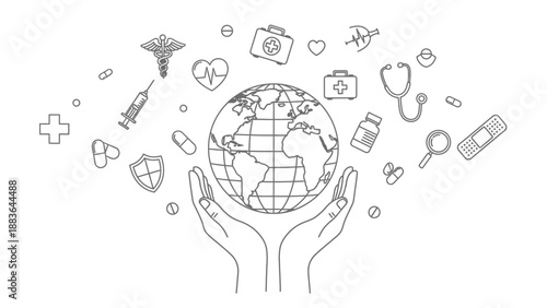 Hands Holding Globe with Medical Icons.