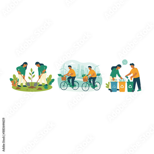 Abstract ecology concept with human silhouettes, green sustainable energy and nature growth, futuristic environmental protection illustration.