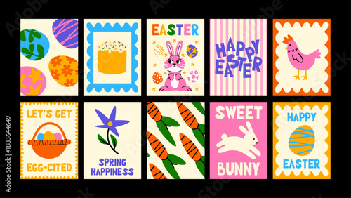 Decorative Easter posters with flowers, eggs and playful bunnies. Soft spring cartoon art for wall prints, postcards, wallpapers and seasonal decor.