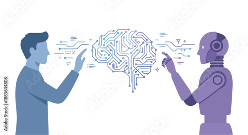 Human and AI Collaboration Conceptual illustration of a person and a robot interacting with a digital brain, symbolizing technological synergy and future innovation