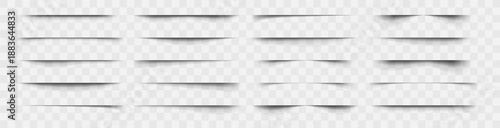 Realistic page shadow effect set. Horizontal overlay shadow for sheet, card, flyer, packing, banner on transparent background, vector illustration